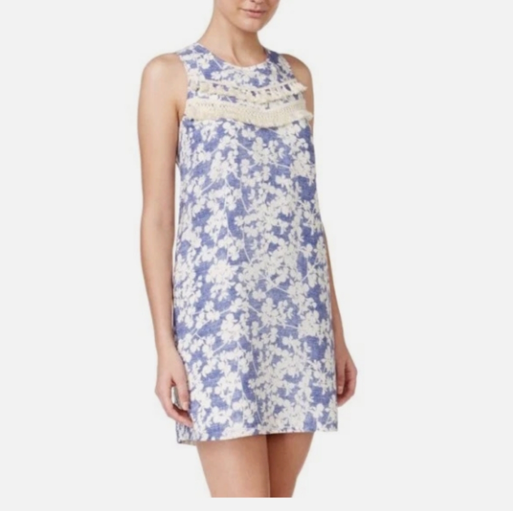 Kensie Layered Orchids White Blue Fringed Sleeveless Sheath Mini Dress Coastal S